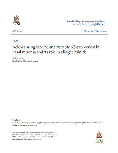 رسالة ماجستير بعنوان :Acid sensing ion channel receptor 3 expression in nasal mucosa and its role in allergic rhinitis