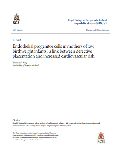 رسالة ماجستير بعنوان :Endothelial progenitor cells in mothers of low birthweight infants : a link between defective placentation and increased cardiovascular risk