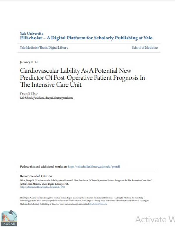 رسالة Cardiovascular Lability As A Potential New Predictor Of Post Operative Patient Prognosis In The Intensive Care Unit